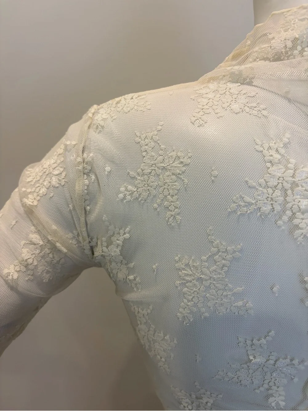 FREE PEOPLE Lady Lux Long Sleeve Mock Neck Shirt Sheer Lace Eveningn Crème